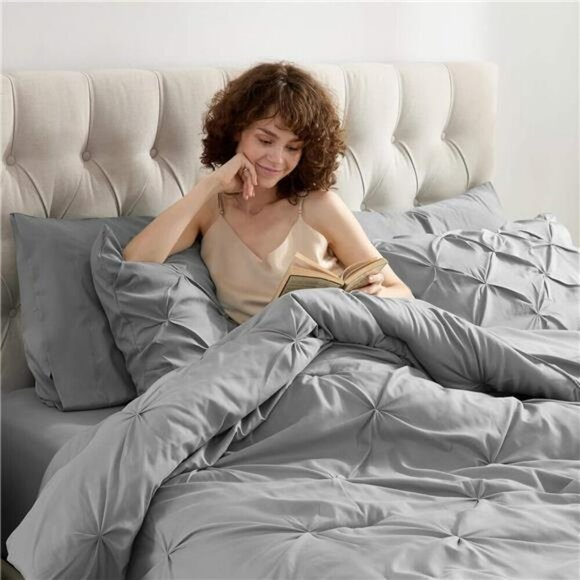 Nestl Queen Comforter Set 7 Piece Grey Pinch Pleat Bed in a Bag Bedding - Picture 2 of 7